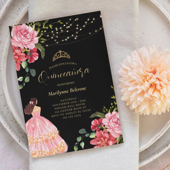 Elegant Princess Pink Floral Quinceañera Invitation (Creator Uploaded)