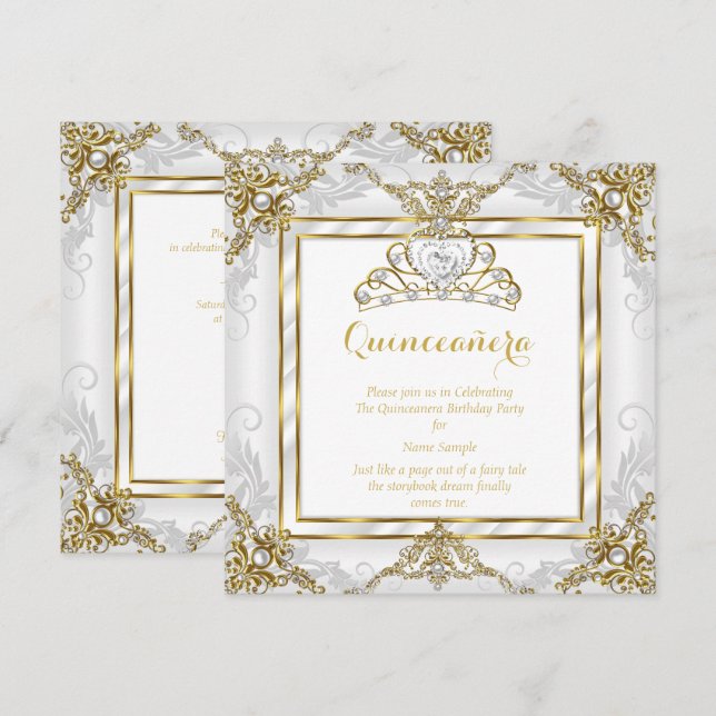 Elegant Princess Quinceanera Gold White Pearl Invitation (Front/Back)