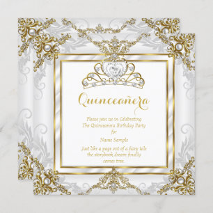 Elegant Princess Quinceanera Gold White Pearl Invitation