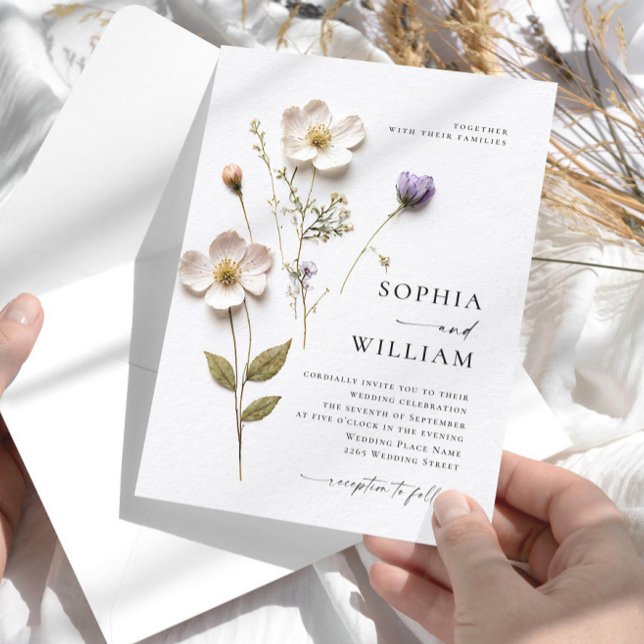 Elegant Print Pressed Pastel Boho Flowers Wedding Invitation (Creator Uploaded)