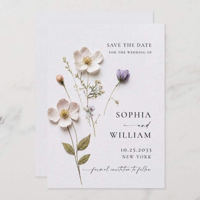 Elegant Print Pressed Pastel Boho Flowers Wedding Save The Date (Front/Back)