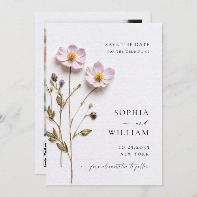 Elegant Print Pressed Pastel Boho Flowers Wedding Save The Date (Front/Back)