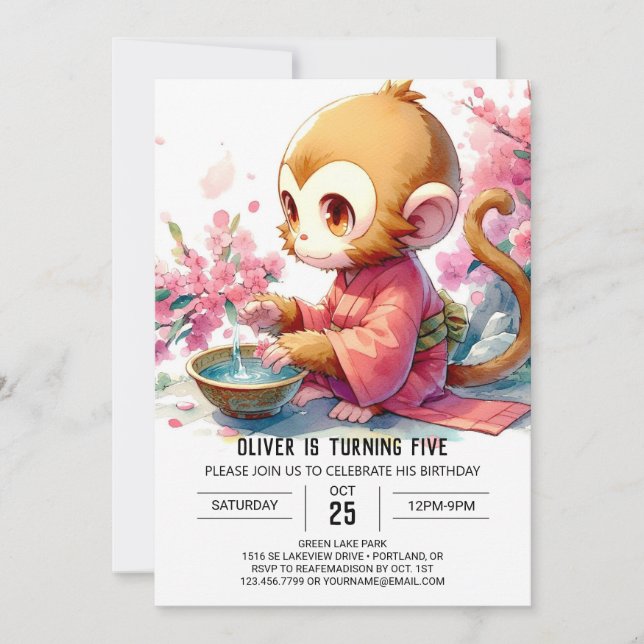 Elegant Printable Monkey Birthday Invitation (Front)