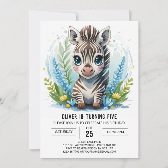 Elegant Printable Safari Zebra Boy Birthday Invitation (Front)