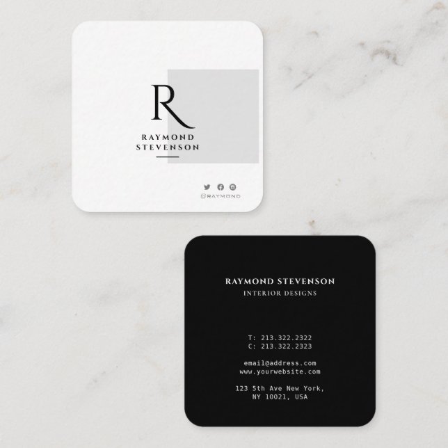 Elegant Professional Black and White Monogrammed Square Business Card (Front/Back)