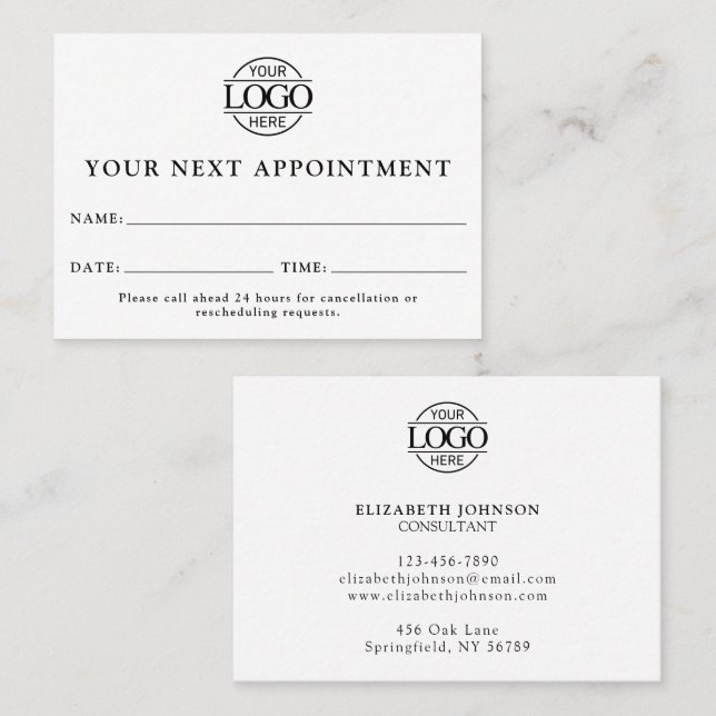 Elegant Professional Black & White Simple Reminder Appointment Card (Front/Back)