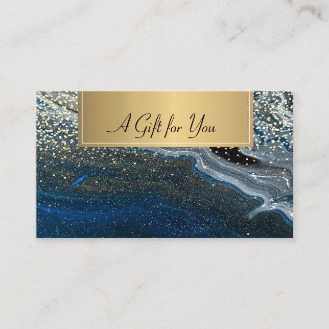 Elegant Professional Blue Marble Gold Confetti  Discount Card (Front)