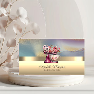 Elegant Professional Floral Red Mixer Bakery Gold Business Card
