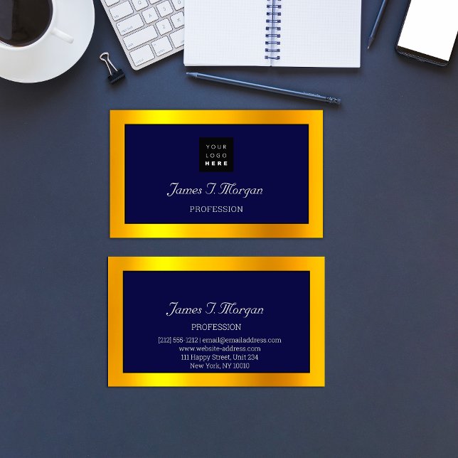 Elegant Professional Framed Logo Navy White Gold Business Card (Elegant Professional Framed Logo Navy White Gold Business Card)
