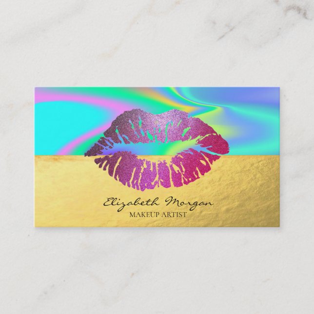 Elegant Professional Glitter Lips Holographic Business Card (Front)
