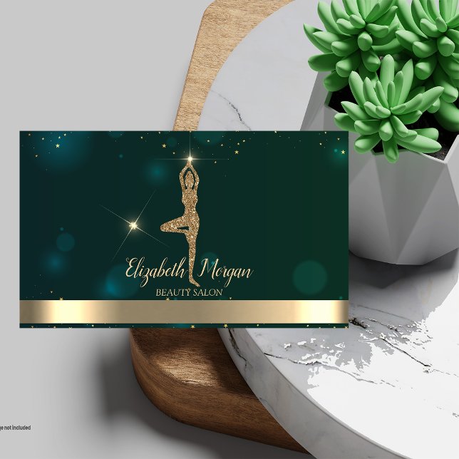 Elegant Professional Gold Glitter Yoga Girl Green  Business Card (Creator Uploaded)