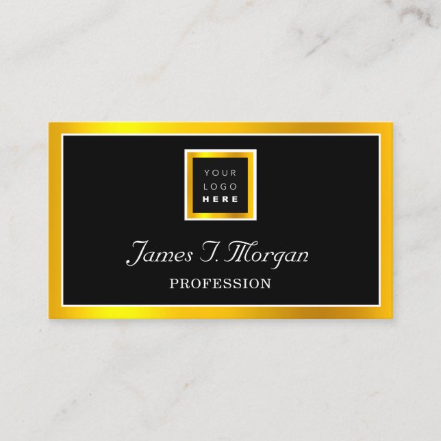 Elegant Professional Golden Frame Logo Black White Business Card (Front)