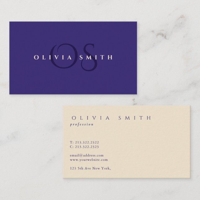 Elegant Professional Indigo Blue Monogram Business Card (Front/Back)