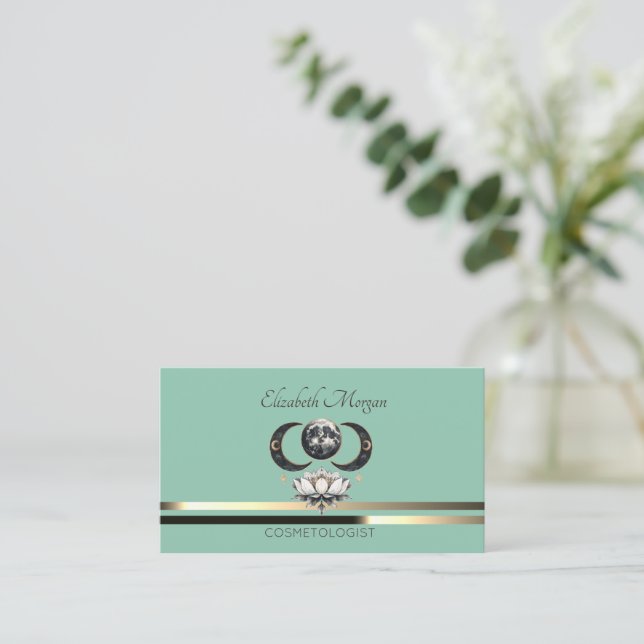 Elegant Professional Lotus Moon Stripes Mint Green Business Card (Standing Front)