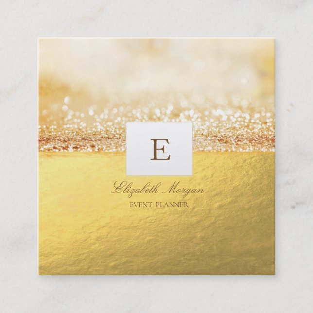 Elegant Professional Monogram Gold Glitter Bokeh Square Business Card (Front)