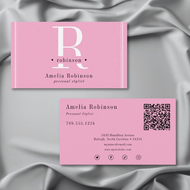 Elegant Professional Monogram Pink Black & White Business Card (Elegant Professional Monogram Pink Black & White Business Card)