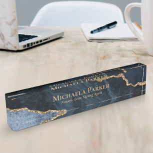 Elegant Professional Navy Blue Gold Agate Geode Nameplate