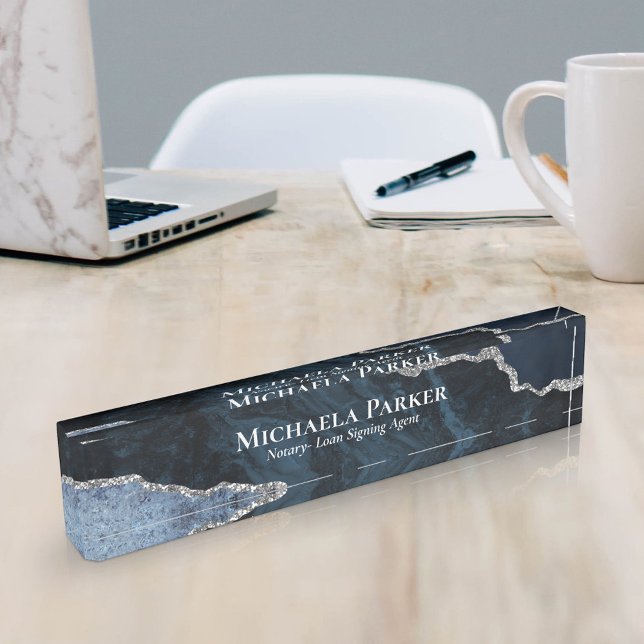 Elegant Professional Navy Blue Silver Agate Geode Nameplate (Creator Uploaded)