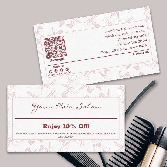 Elegant Professional Pink & White Hairdresser Discount Card (Elegant Professional Pink & White Hairdresser Discount Card)
