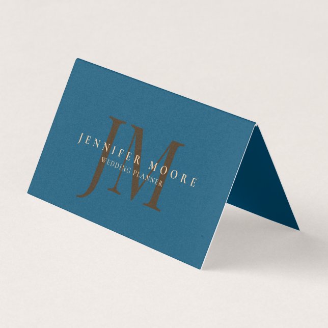 Elegant Professional Plain Blue Gold Monogram Business Card (Front)