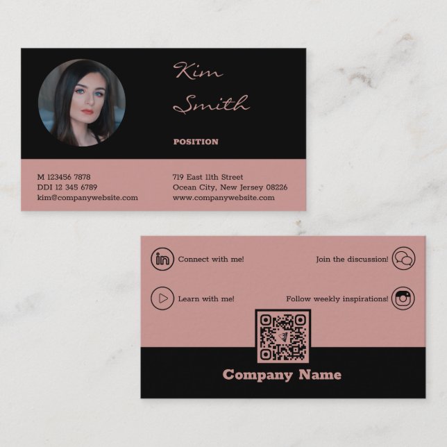 Elegant Professional QR Code Black & Pink Business Card (Front/Back)