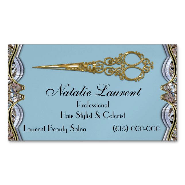 Elegant Professional Scissor Chic Blade Blue Magnetic Business Card (Front)