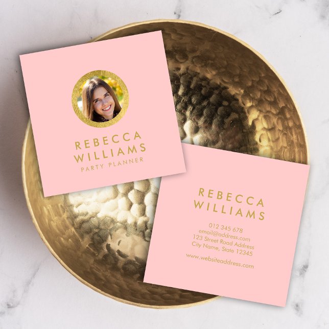 Elegant Profile Photo Pink Rose and Faux Gold Square Business Card (Creator Uploaded)