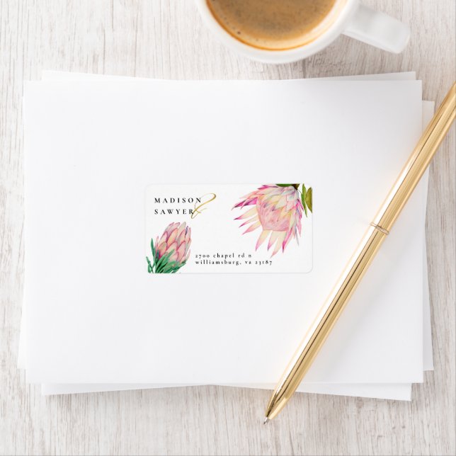 Elegant Protea Pink Gold Wedding Return Address Label (Insitu)