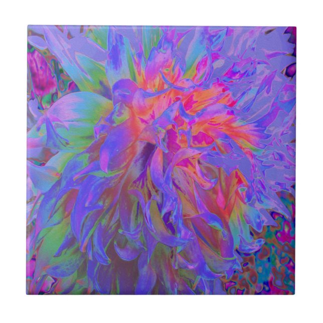 Elegant Psychedelic Decorative Dahlia Flower Ceramic Tile (Front)