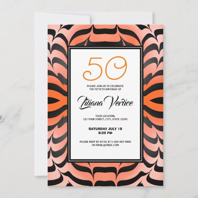 Elegant Psychedelic Orange Black Tiger Skin Print Invitation (Front)