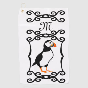 Elegant Puffin in a French Iron Frame Monogram Golf Towel
