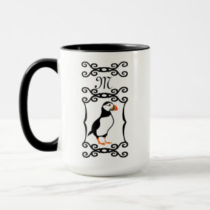 Elegant Puffin in a French Iron Frame Monogram Mug