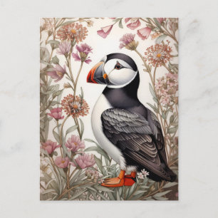 Elegant Puffin William Morris Inspired Floral Postcard