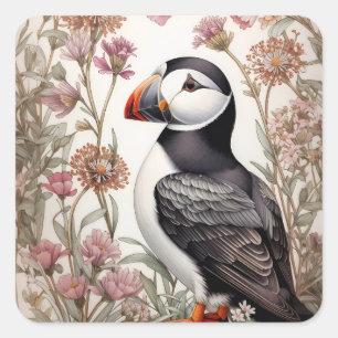 Elegant Puffin William Morris Inspired Floral Square Sticker