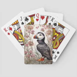 Elegant Puffin William Morris Inspired Pink Flower Playing Cards