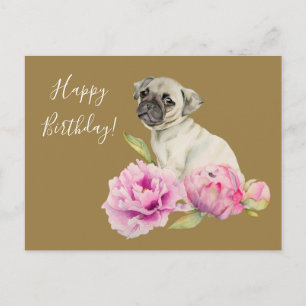 Elegant Pug and Peonies Birthday Postcard