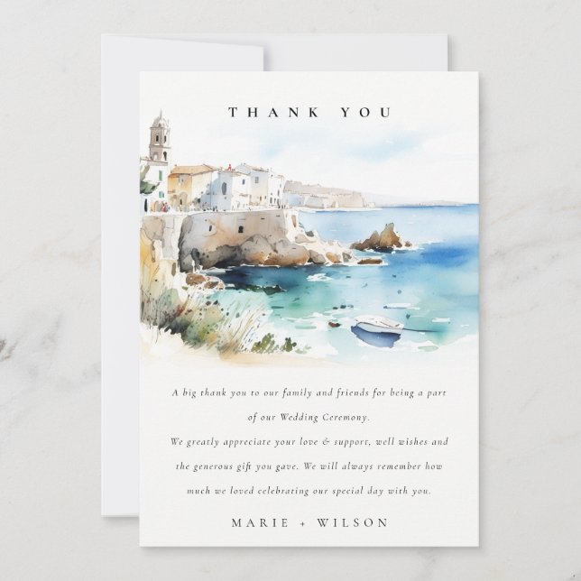 Elegant Puglia Italy Watercolor Landscape Wedding Thank You Card (Front)