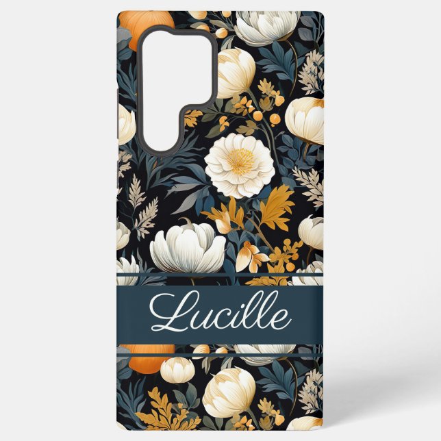 Elegant Pumpkin and flowers fall pattern Samsung Galaxy S22 Ultra Case (Back)