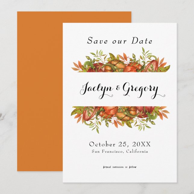 Elegant Pumpkin Autumn Florals Fall Save The Date (Front/Back)