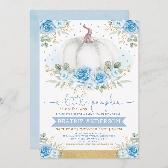 Elegant Pumpkin Blue Floral Roses Fall Baby Shower Invitation (Front/Back)