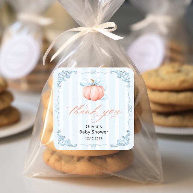 Elegant Pumpkin Boy Baby Shower Thank you Square Sticker (Creator Uploaded)