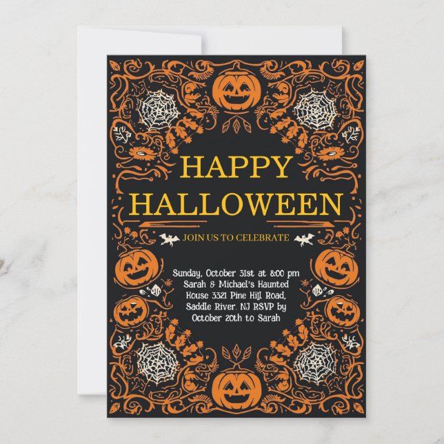 Elegant Pumpkin & Cobweb Halloween Costume Party  Invitation (Front)