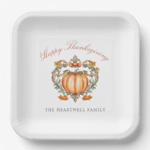 Elegant Pumpkin Crest Script Happy Thanksgiving Paper Plate