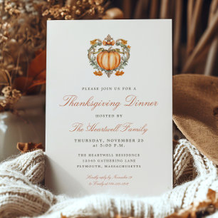 Elegant Pumpkin Crest Script Thanksgiving Dinner Invitation