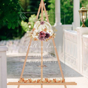Elegant Pumpkin "Fall in Love" Bridal Shower Acrylic Sign