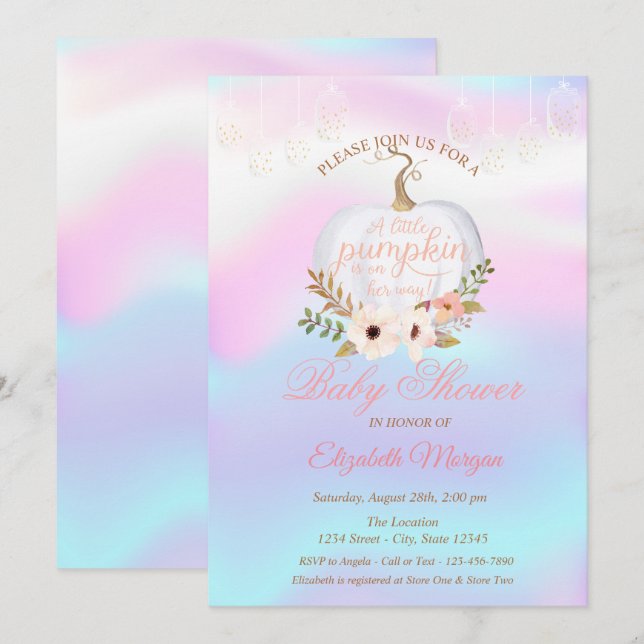 Elegant Pumpkin,Floral Holographic Baby Shower Invitation (Front/Back)