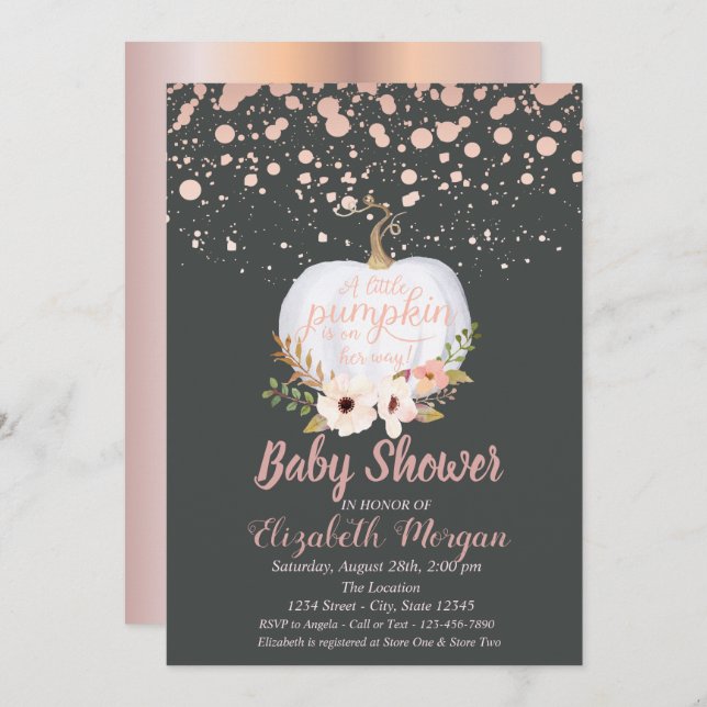 Elegant Pumpkin,Floral,Rose Gold Baby Shower Invitation (Front/Back)