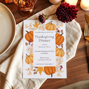 Elegant Pumpkin Floral Thanksgiving Dinner Invitat Invitation