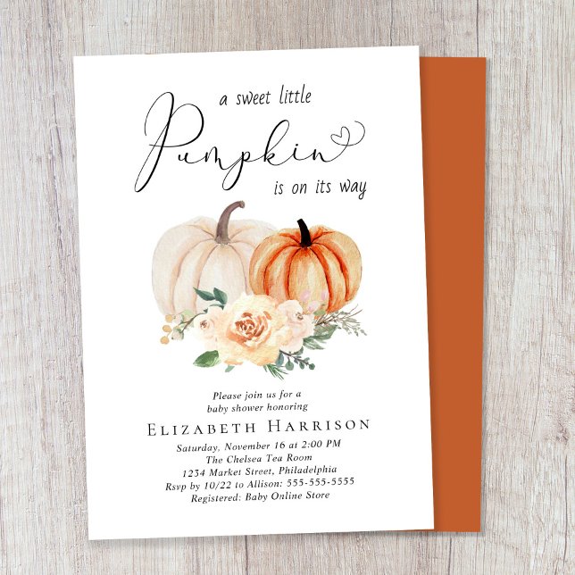 Elegant Pumpkin Floral Watercolor Baby Shower Invitation (Celebrate the upcoming arrival of your sweet little autumn baby with a pumpkin-themed baby shower)