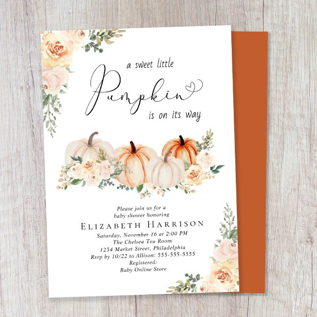 Elegant Pumpkin Floral Watercolor Baby Shower Invitation (Celebrate the upcoming arrival of your sweet little autumn baby with a pumpkin-themed baby shower)